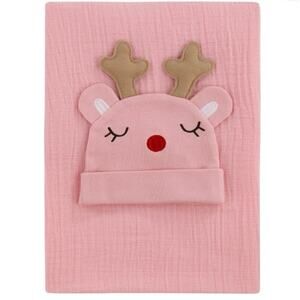 Parents Choice Pink Reindeer Xmas Swaddle Set, Swaddle Baby Blanket and Beanie